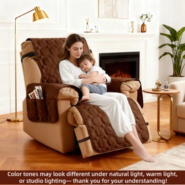 XINEAGE 100% Waterproof Recliner Chair Cover, Non Slip Covers for Recliner Chair with Pocket, Washable Dog Recliner Couch Cover with Elastic Straps (Coffee, 22")