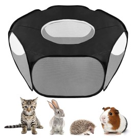 SlowTon Small Animal Playpen, Foldable Pet Cage with Top Cover Anti Escape, Breathable Transparent Indoor/Outdoor Use Pop Up Yard Fence for Kitten, Puppy, Guinea Pig, Rabbits, Hamster (Black)