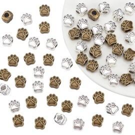 PandaHall 60 Pieces Pet Dog Puppy Paw Prints Metal Beads Fit Charm for European Bracelet Necklace Jewellery Accessories (Antique Silver & Bronze), Alloy material
