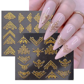 IDDFEVE Gold Baroque Nail Art Stickers - Leaves Line Self-Adhesive 3D Nail Decal for DIY Golden Manicure (12 Sheets)