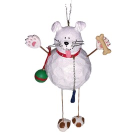 FIGI Snow Dog with Dangling Legs Holding Bone & Toy Resin Christmas Tree Ornament