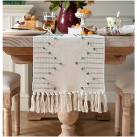 Boho Table Runner 13 x 108 Inch Long Natural Cotton Woven Runner with Tassels for Home Dining Table décor, for Modern Farmhouse Decor Coffee Table Runner, Green and Beige