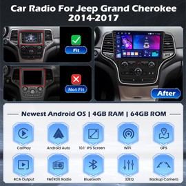 [4+64G] Hikity Android 15 Car Stereo for Jeep Grand Cherokee 2014-2017 with Wireless Carplay Android Auto, 10'' Touchscreen Radio Bluetooth Mirror Link GPS WiFi SWC AI DSP/FM/RDS/32EQ Backup Cam+Mic