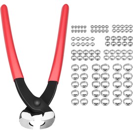 XUNTOP Single Ear Continuous Hose Clamps 100 Pieces 5.8-21 mm 304 Stainless Steel Hose Clamp 10 Sizes with Pliers Ear Clamp Pliers Clamping Tool Set for Automotive, Electronics, Ships, Construction