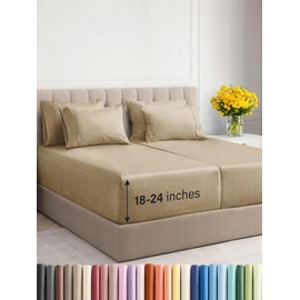 CGK Unlimited Extra Deep Split King Sheet Set - 7 Piece Breathable & Cooling Sheets - Hotel Luxury Bedding Set 18-24 Inch Extra Deep Pockets - Easy Fit, Soft, Wrinkle Free & Comfy - Heathered Tan, Split King Size