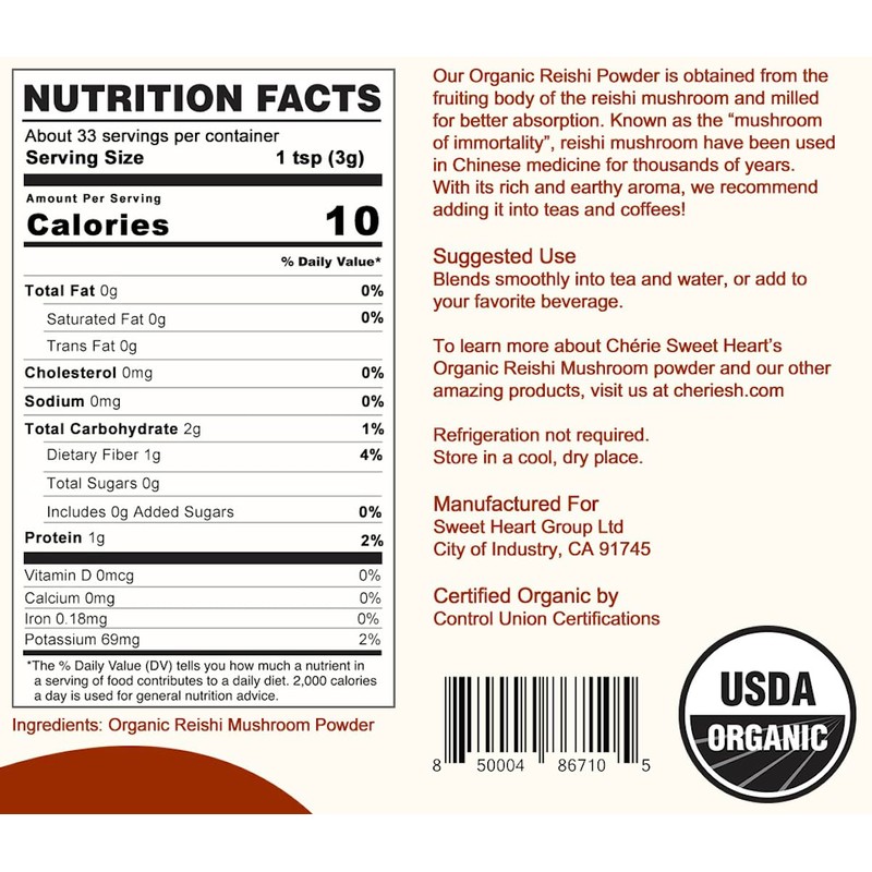 Cherie Sweet Heart Organic Reishi Mushroom Powder, 3.5 Oz, Immune