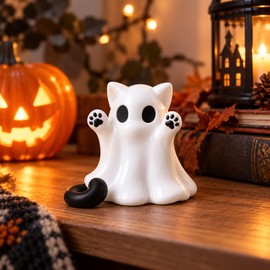 Mini Kitten Ghost Figurine for Halloween Decor – Cute Plastic Cat Ornament for Desktop, Home & Office Display