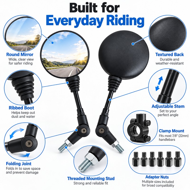Folding Motorcycle Rearview Mirrors for Bikes & Scooters – Adjustable