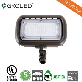 GKOLED 30W LED Flood Light, Outdoor Security Lighting Fixtures, 100W PSMH Replacement, 2700 Lumens, 3000K Warm White, 120-277V, Adjustable Knuckle Mount, UL Listed
