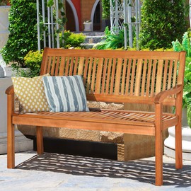 Tangkula Outdoor Wood Bench, Two Person Solid Wood Garden Bench w/Curved Backrest and Wide Armrest, Large Bench for Patio Porch Poolside Balcony, 50" L x 25" W x 36" H (Natural)