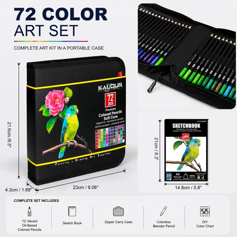 KALOUR 72 Colored Pencils Set, Blending Pencil Sketchbook DIY Color