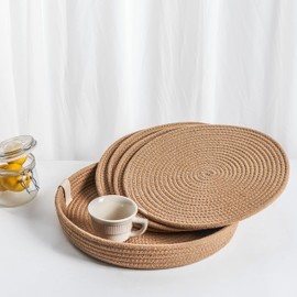 Art PineCone's Woven Cotton Rope Round Placemats Set of 4 with Holder Included, Non-Slip, and Heat Resistant for Your Perfect Table Decor! (Light Brown, 13 inch)