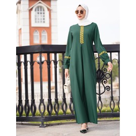 IDOPIP Abaya Dress for Women Long Sleeve Ethnic Style Muslim Dress Embroidered Arabic Islamic Dubai Robe Full Cover Casual Maxi Kaftan Dresses Arabian Middle East Prayer Clothes Green S