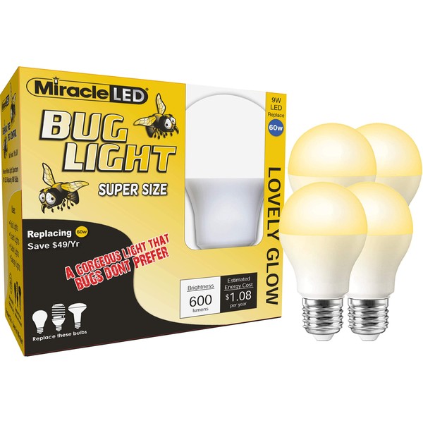 MiracleLED 604076 9W Led Lovely Glow Bulb, 4-Pack Bug Light, 4 Pack, 4 Piece , Yellow