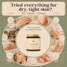 100% Grass-Fed Whipped Beef Tallow and Honey Balm for Skin, Moisturizer for Face & Body with Organic Beeswax & Organic Honey Balm, All Natural Formula, 4.23OZ (120G)