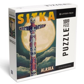 Lantern Press 1000 Piece Jigsaw Puzzle, Sitka, Alaska, Totem Pole and Full Moon