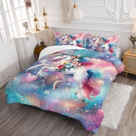 Ntlfup Unicorn Queen Size Bedding Set for Girls, Dreamy Unicorn with Flowers Comforter Set, Unicorn Room Decor with 2 Pillowcases