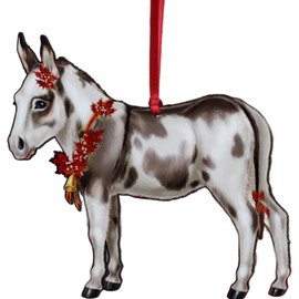 Gray Donkey Christmas Ornament, Laser Cut and Printed Detail, Festive Holiday Decoration, Animal Themed Gift (Spotted Gray & White with Christmas Decorations)
