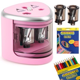 Electric Pencil Sharpener with 24 Coloured Pencils, Sharpener with Container, Electric Sharpener for Thick and Thin Pencils with 2 Holes (6-8 mm / 9-12 mm) for Home School Student