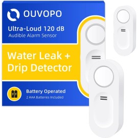 OUVOPO Water Leak Detectors 120dB Audio Alarm Senso Sensitive Leak for Kitchen Bedroom - 2 Pack Water Leak Detectors