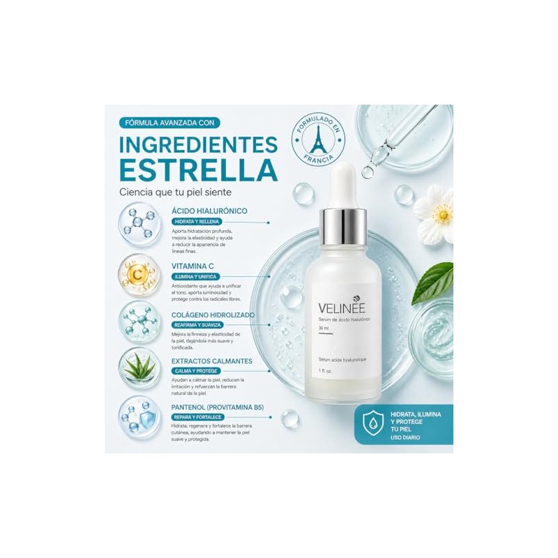 Sérum Facial con Ácido Hialurónico, Vitamina B5, Colágeno Hidrolizado y