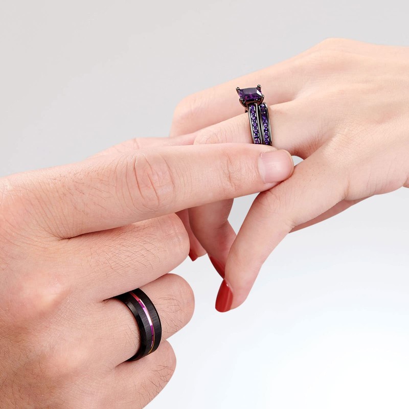 SHELOVES Black Plated Couples Women Purple Wedding Rings Sets His