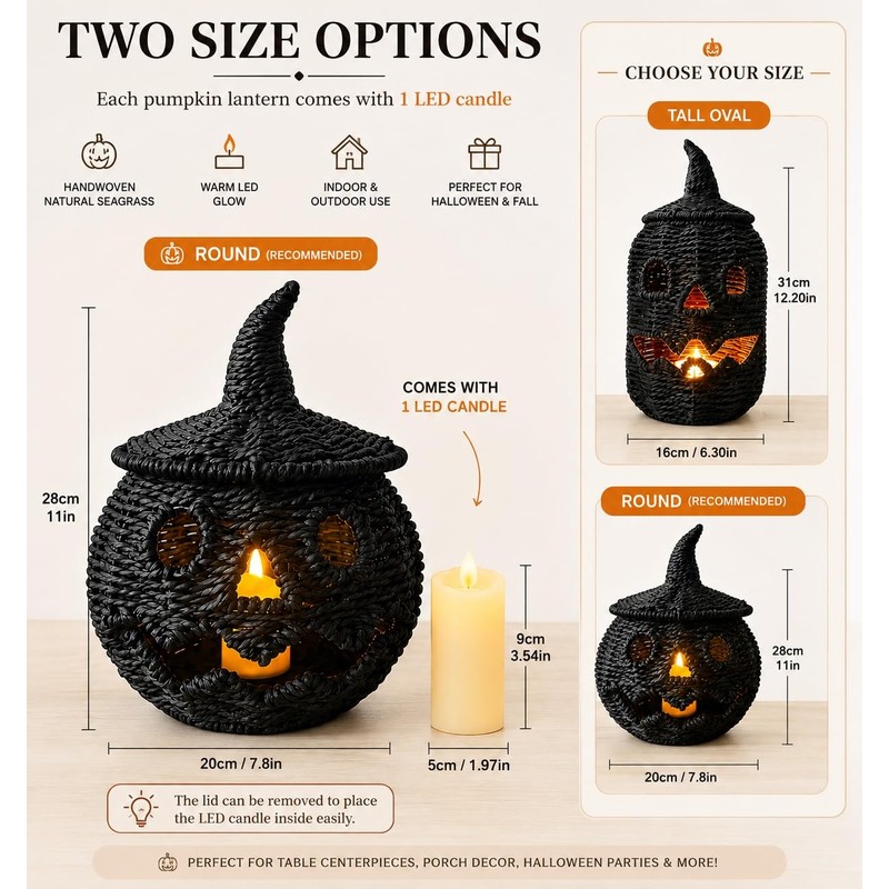 Black Handwoven Seagrass Pumpkin Jack-O-Lantern for Spooky Halloween Candy Storage,
