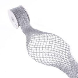 CSZD RIBBON Silver Stretchable Glitter Diamond Mesh Ribbon Wired Ribbon Wide 2.5" to 7" for Christmas Tree,Wreaths Supplies,Home Decor, Gift Wrapping,DIY Crafts, 2.5” x 5 Yards x 1 Rolls (Silver)