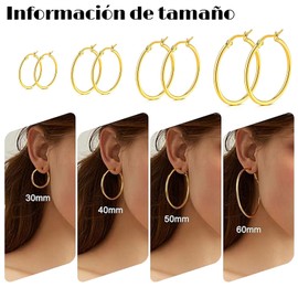 Mythya 4 Pares Aretes Mujer, Aretes Dorados Acero Inoxidable, Aretes Hipoalergénicos, Regalo de Cumpleaños Aniversario para Mujer, Regalos Navideños, Múltiples Tamaños(30/40/50/60mm)