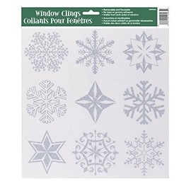 Unique Party Decoration 90056 Glitter Snowflake Window Cling Sheet 9 ct. (0.06 x 11.75 x 17 inches), Silver