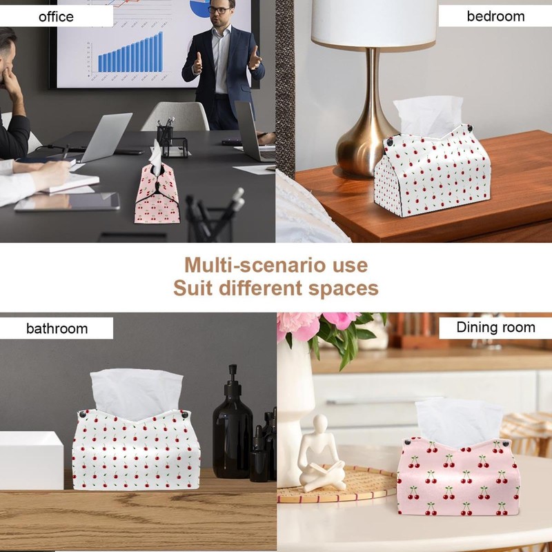 2 Pack Tissue Box Cover Holder, Cherry Pattern Rectangle Leather