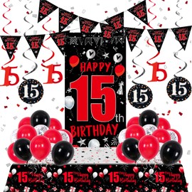 15th Birthday Decorations for Boys Girls, Red Black Happy 15th Birthday Decorations Boy Girl, Happy 15 Bday Banner Backdrop Balloons Tablecover Triangle Flag, 15 Year Old Boy Bday Party Supplies Decor