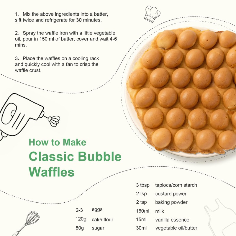Bubble Waffle Maker, 1000W 7" Non-Stick Griddle, Hong Kong Egg