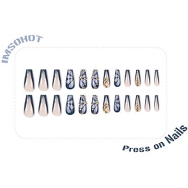 IMSOHOT Press on Nails Long Coffin Fake Nails Blue French Tips False Nails with Butterfly & Rhinestone Designs Full Cover Acrylic Nail Art Glossy Glue on Nails Ballerina Nail Supplies 24Pcs