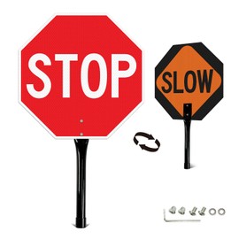GicnKeuz 1 Pack Stop Slow Sign with Metal Handle, 13x13 inches Double Sided Slow/Stop sign, Traffic Reflective Aluminum Sign, Fade Resistant/Waterproof, Easy to Mount (Red & Yellow)
