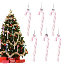 13cm Baby Pink White Candy Cane Christmas Decoration,6pcs Christmas Glitter Candy Cane,Xmas Tree Pendant Hanging Ornaments Plastic Candy Cane for Christmas Tree Decoration,Holiday New Year Party Decor