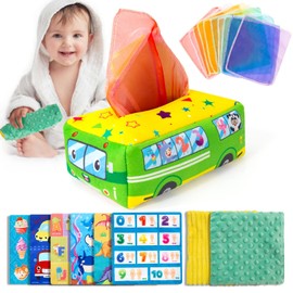 ONLYFUN Montessori Toy from 1 Year, Baby Tissue Box Toy with 10 Coloured Cloth, 6 Crinkle Cloth & 1 Textured Tactile Paper, Montessori Sensory Baby Toy 6-36 Months