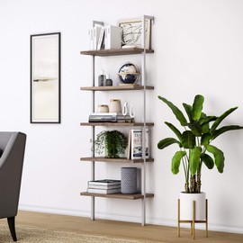 Nathan James Theo 5-Shelf Wood Modern Bookcase, Open Wall Mount Ladder Bookshelf with Industrial Metal Frame, Light Brown Oak/White