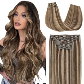 SAFIRENY Clip In Hair Extensions Real Human Hair, 20inch 160g 7pcs Hair Extensions Chocolate Brown Highlighted Caramel Blonde Hair Extensions Clip ins, Real Hair Extensions for Women(#4P27-20inch)