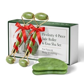 Juego de rodillo de jade y Gua Sha para cara y cuerpo – Kit de 4 piezas de rodillo facial de jade auténtico con rodillo de ojos de jade y herramientas