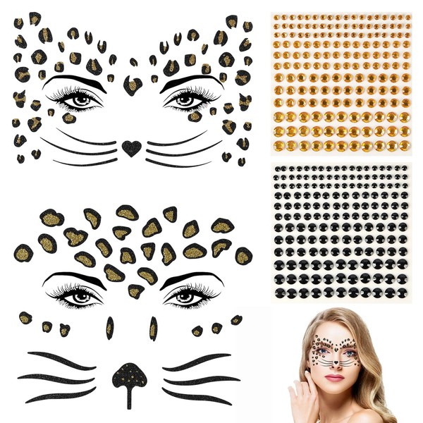 LOPHE Gesichts-Tattoo, 2 Blätter Glitzer Gesichtstattoo Leopard 330Pcs Glitzersteine Selbstklebend,