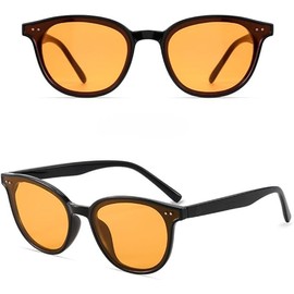 BEAU LLASSANA Sunglasses, Date Glasses, Small Face, UV Rays, Round Glasses, Black Rim Glasses, Lightweight Sunglasses, Fashion, orange
