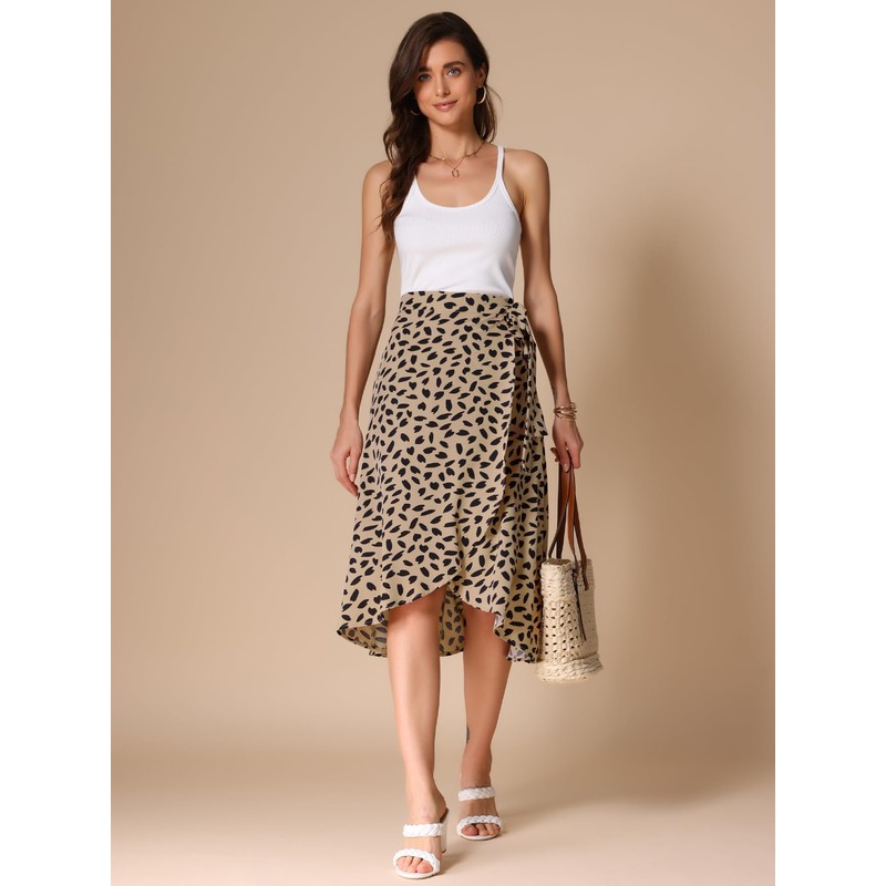 Allegra K Women's Printed Midi Skirt Tie Front with Slit