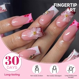 HOSAILY 3D Sakura Pink Flower Press on Nails Medium Square, Bright Pink White Floral Spring Summer Semi-Handmade Full Cover Stick on Nails for Women, 24Pcs Glossy Reusable Fake False Nails with Glue