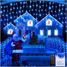 1600 LED 164FT Outdoor Christmas Lights Plug in 8 Modes with Timer Dimmable Christmas Decorations Waterproof Indoor Curtain String Lights for Roof Porch Garden Holiday Wedding Party Decor Blue