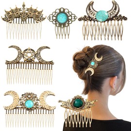 6 Pack Vintage Hair Side Combs For Women Gem Decorative Hair Combs, INLAZTIM Retro Gold Metal Hair Comb Clips With Teeth Grip For Wedding Hair Accessories