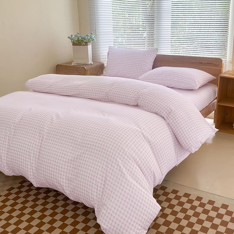 NSNLGSGC Pink Gingham Duvet Cover Set King, Grid Simple Geometric