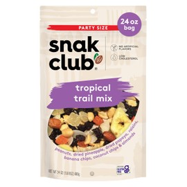 Snak Club Tropical Trail Mix with Peanuts, Dried Papaya, Raisins, Banana Chips, Dried Pineapple, Coconut Chips, and Almonds, Gluten-Free and Kosher Snack, 24 oz Resealable Bag