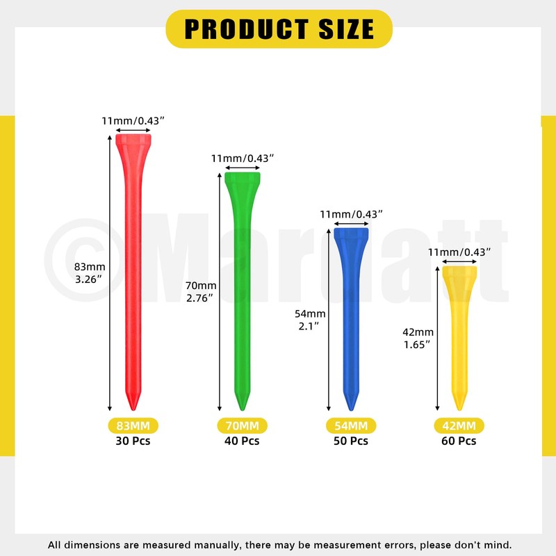 Mardatt 180Pcs Golf Tees, 1-3/5"(42mm), 2-1/8"(54mm), 2-3/4"(70mm), 3-1/4"(83mm) Bamboo Golf
