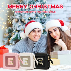 CLOUDWINGS Initial Travel Toiletry Bag - Cosmetic Bags for Girls with Zipper, Clear & Potable Girls Makeup Bag for Travel, Small Cosmetic Pouch Perfect Gifts for Graduation (Beige, E)